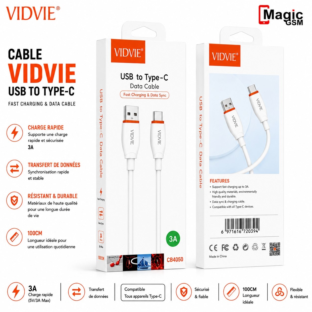 20260141702 CABLE USB VIDVIE CB4050T TYPE-C USB - Image 1